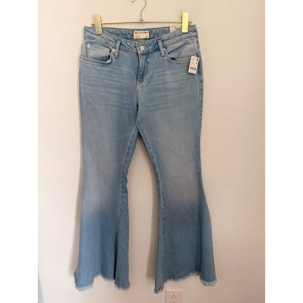 We The Free Free People Emme Flare Jeans Light Wash Raw Hem Blue Denim Size 28